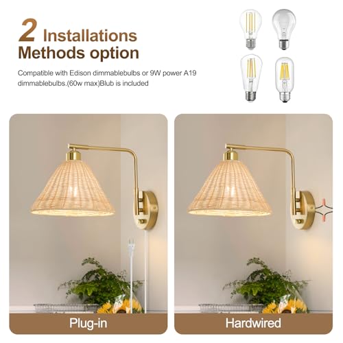 Plug in Wall Sconces Set of 2, Rattan Wall Lamps with Cord and Dimmer Switch, Gold Swing Arm Wall Mounted Bedside Lamps for Bedroom, Living Room, Plug-in or Hardwired, Bulbs Included - color: Gold