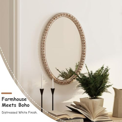 COZAYH Distressed Wood Frame Accent Mirror, Rustic Farmhouse Style Decorative Wall Mirror (Oval) - size: 20"L x 1"W