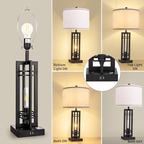 Set of 2 Farmhouse Table Lamps for Living Room,27-inch Bedside Lamps | White Shade Desk Lamps with USB A+C Ports, 3-Level Dimmable Touch Light, 4 LED Bulbs Included, Bedroom Home Office Nightstand - color: White
