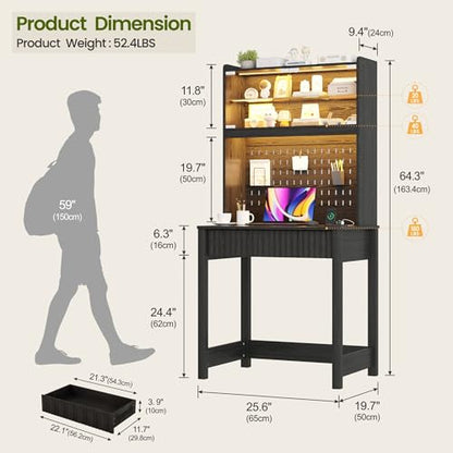 Lvifur Writing Desk with Power Outlet - Small Study Desk with LED Lights, Home Office Desk with Drawer & Hutch & Pegboard, Space Saving Study Table Work Station for Dorm, Living Room (Black) - color: Black86023