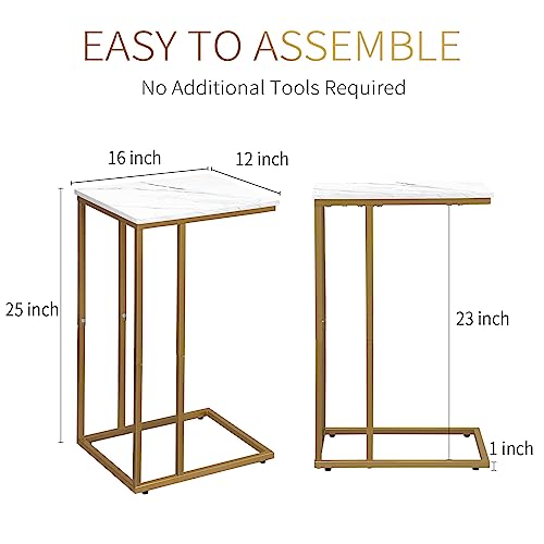 Possile C Shaped End Table Set of 2, Small Side Table for Sofa and Bed, Couch Tables That Slide Under, Snack Side Table for Living Room, Bedroom, White Faux Marble and Gold - color: Gold