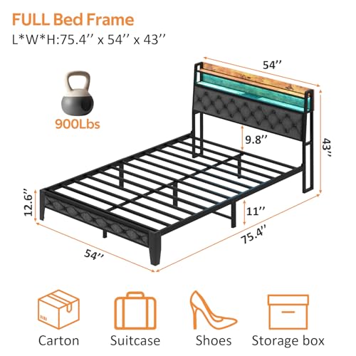 Winkalon Full Bed Frame with Ergonomic Headboard, Platform Bed Frame with RGB Lights, Outlets & Charger, Fast Assembly Bed Full Size, Modern Wood Upholstered Headboard,Gray - size: Full