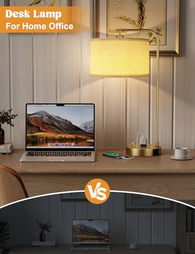 Innqoo Gold Table Lamp with Weaving lampshade, Table Lamp for Bedroom with USB Port and Outlet, Dimmable Nightstand Bedside Lamps with Linen Lampshade, Desk Lamp for Home Office, Living Room - color: I-Weaving Shade & Gold Base