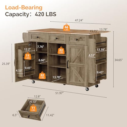 VINGLI Kitchen Island with Storage, 52" Rolling Kitchen Cart with 3 Drawers & Shelves, Drop Leaf Design, Mobile Island with Barn Doors, Towel & Spice Rack for Kitchen & Dining, Grey Brown Oak - color: Grey Brown 2-box