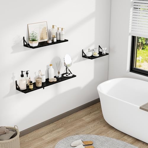 Dreamland Wall Mounted Floating Shelves Set of 2, 16x8, Black | Engineered Wood, Visible Bracket, Large Storage, Hold Up to 30lbs, Living Room, Bathroom, Bedroom, Kitchen - color: Black, size: 16"W x 8"D