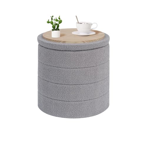 PINPLUS Round Storage Ottoman Foot Rest Stool with Tray Velvet Sherpa Folding Storage Ottoman,Boucle Foot Rest for Living Room, Bedroom, Dorm, Dorm,Grey Color - color: Grey, size: 16.9"D x 16.9"W x 17.7"H