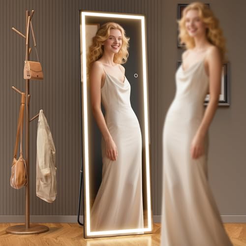 67" x 24" Full Length Mirror with Lights, LED Lighted Floor Standing Body Mirror, Dimmable & 3 Color Lighting for Bedroom, Cloakroom, Dressing Room, Tempered Glass, Black Frame - color: Black, size: 67"L x 24"W