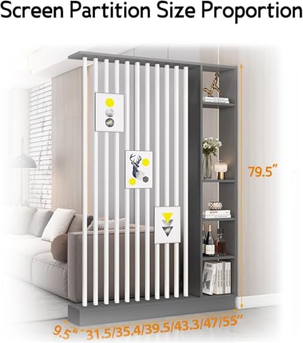 Wall Room Divider with Storage Shelves, Modern Freestanding Room Divider Screen, Open Room Wood Partition for Home & Office Decor (Gray + White, 47" L x 9.5" W x 79.5" H)