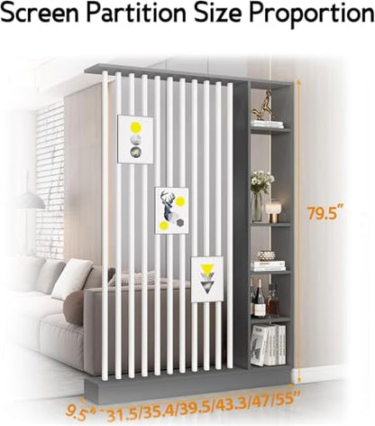 Wall Room Divider with Storage Shelves, Modern Freestanding Room Divider Screen, Open Room Wood Partition for Home & Office Decor (Gray + White, 47" L x 9.5" W x 79.5" H)