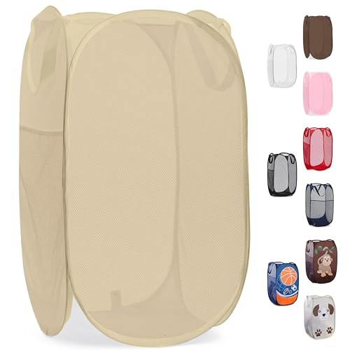 Handy Laundry Collapsible Mesh Pop Up Laundry Hamper with Side Pocket, Breathable & Space-Saving Foldable Basket for Clothes, Toys, Travel, Storage, 14 x 13 x 24 in, Beige - color: Beige