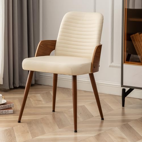 Dining Room Chairs,Mid Century Modern Kitchen Chair,Upholstered Faux Leather Accent Chairs,Metal Legs Wooden Desk Chair,Armless and No Wheels for Kitchen Dining,Beige PU,1PCS - color: Beige Pu, size: 1PCS