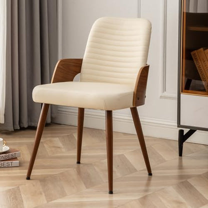 Dining Room Chairs,Mid Century Modern Kitchen Chair,Upholstered Faux Leather Accent Chairs,Metal Legs Wooden Desk Chair,Armless and No Wheels for Kitchen Dining,Beige PU,1PCS - color: Beige Pu, size: 1PCS