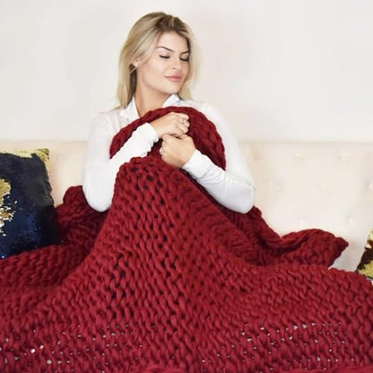 Chunky Knit Blanket (50 x 60 Inches) Warm Soft Cozy for Lounge Sofa & Bedroom, Handmade Knitted Yarn Throw Blanket (Red Wine, 1) - color: Red Wine