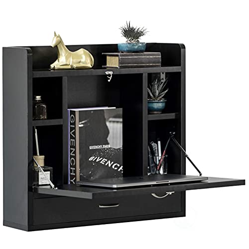 Wall Mounted Folding Desk - Space Saving Fold Down Desk with Storage Shelves and Drawer, Convertible Floating Laptop Table for Small Spaces, Home Office, 23.75 x 6.75 x 23 in, Black - color: Black