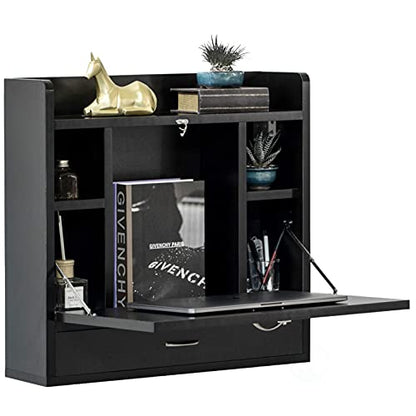 Wall Mounted Folding Desk - Space Saving Fold Down Desk with Storage Shelves and Drawer, Convertible Floating Laptop Table for Small Spaces, Home Office, 23.75 x 6.75 x 23 in, Black - color: Black