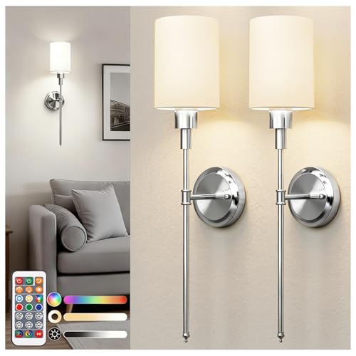 Battery Operated Wall Sconce: Set of 2 Wireless Wall Lights with 12000mAh | 15 Color Rechargeable Wall Sconces, Not Harwired Sconce Wall Decor Set of 2 for Bedroom, Living Room, Chrome 24.3in - color: Chrome