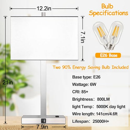 21" Set of 2 Touch Control Table Lamps with 2 USB & AC Outlets, 3-Way Dimmable Modern Nightstand Lamps for Bedroom Living Room Office Reading, White Shade Bedside Lamps, 5000K LED Bulbs Included. - color: (2 Pack)White Linen & Brushed Nickel(Base)-5000K B