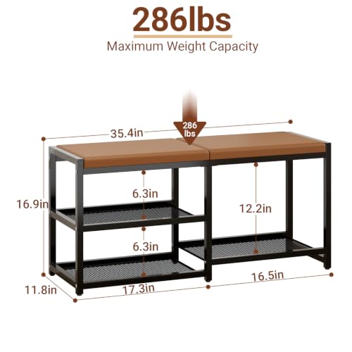 Shoe Rack Bench with Cushioned Seat,3-Tier Wrought Iron Shoe Rack | Shoe Bench for Entrance Hall,Shoe Storage, Multifunctional Storage Bench for Hall and Bedroom