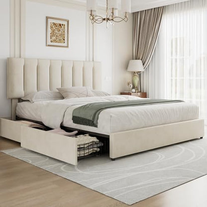 VECELO King Size Bed Frame with 4 Storage Drawers, Adjustable Height Headboard, Heavy-Duty Bedframe with Strong Wooden Slats, No Box Spring Needed, Pale Beige - color: Pale Beige, size: King, style: Bed Frame With Drawers