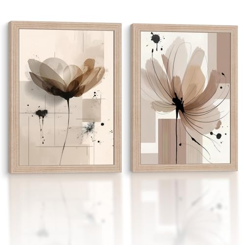 2pc Framed Floral Wall Art Modern Beige-Black Floral Line Print Poster Painting Neutral-Colored Floral Gallery Style Canvas Print Living Room/Bedroom Wall Decoration 12x16 Inches - color: Beige striped floral pattern, size: 12x16in