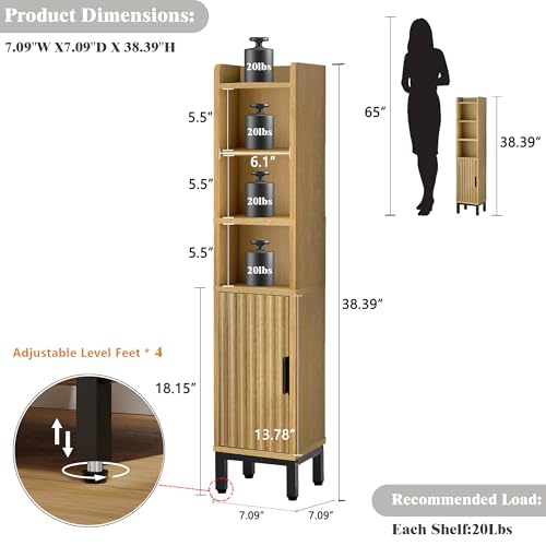 FerniTry Narrow Bathroom Storage Cabinet, Corner Toilet Paper Floor Cabinet 5 Tiers with Door and Shelves,Bathroom Organizer with Adjustable Shelf, for Small Spaces (Oak) - color: Oak, size: 5-Tier