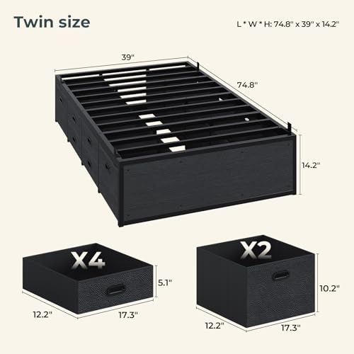 ADORNEVE Twin Bed Frame with 12 Storage Drawers, Metal Platform Bed | Black Bed Frame with Steel Slat Support and Footboard for Boys/Teen/Adult, No Box Spring Needed, Easy Assembly, Noise-Free - size: Twin-12 Drawers