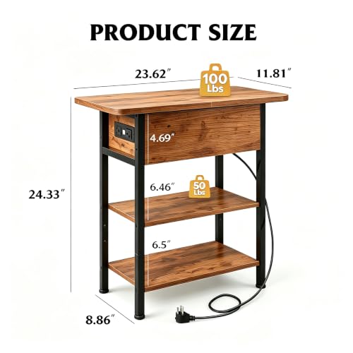WLIVE 3-Tier End Table with Charging Station Flip Top Narrow Nightstand | 2 USB Ports+2 AC Outlets; Flip Top Hidden Storage; 2 Open Shelves; Small Space Living Room Bedroom; Sturdy Carbon Steel Frame - color: Rustic Brown