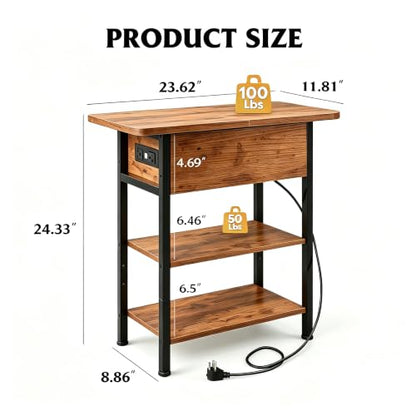 WLIVE 3-Tier End Table with Charging Station Flip Top Narrow Nightstand | 2 USB Ports+2 AC Outlets; Flip Top Hidden Storage; 2 Open Shelves; Small Space Living Room Bedroom; Sturdy Carbon Steel Frame - color: Rustic Brown