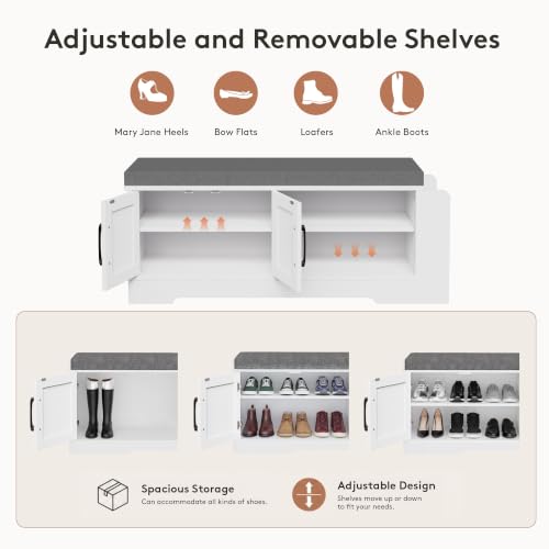Farmhouse Shoe Storage Bench with 3-in-1 Entryway Storage & Padded Seat | 39.6" Wide Entryway Bench with Adjustable Shelves, Shoe Organizer & Side Storage Rack for Living Room, Bedroom, White - size: 39.6" Wide