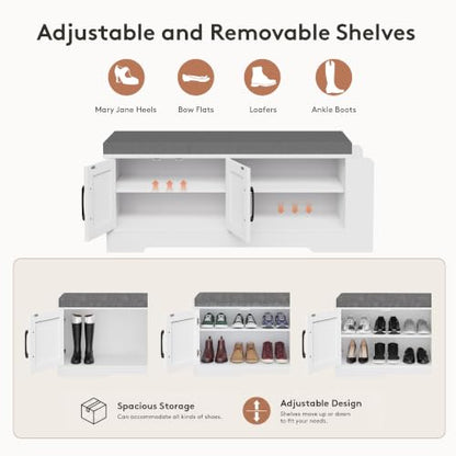 Farmhouse Shoe Storage Bench with 3-in-1 Entryway Storage & Padded Seat | 39.6" Wide Entryway Bench with Adjustable Shelves, Shoe Organizer & Side Storage Rack for Living Room, Bedroom, White - size: 39.6" Wide