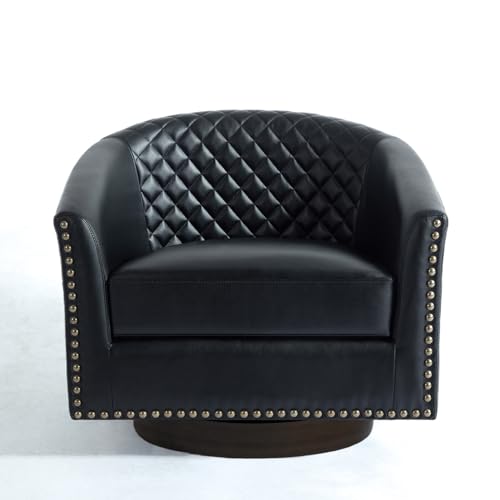 Faux Leather Swivel Accent Chair, Modern Barrel Club Armchair, Black | Comfy Living Room Chair, Modern Nailhead Trim Round Armchair Bedroom Reading Seat with Removable Cushion, Wood Frame - color: Retro Black
