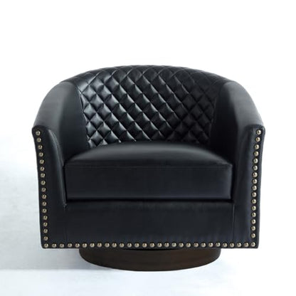 Faux Leather Swivel Accent Chair, Modern Barrel Club Armchair, Black | Comfy Living Room Chair, Modern Nailhead Trim Round Armchair Bedroom Reading Seat with Removable Cushion, Wood Frame - color: Retro Black