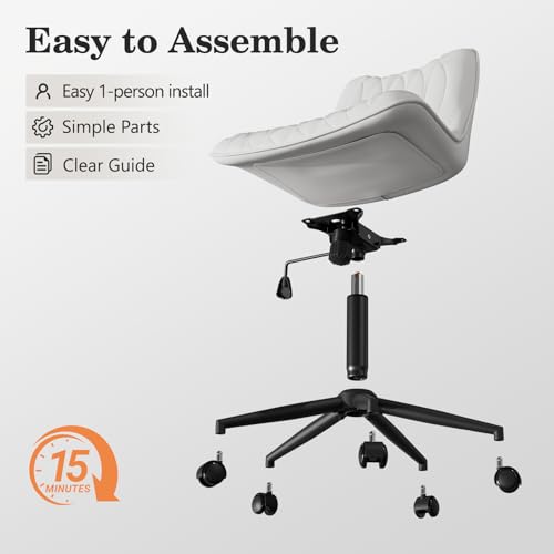 Armless Office Chair, Swivel Rolling Leather Desk Chair, White | Waterproof Upholstery, Padded Seat, 15° Relaxing Tilt, 330 LBS Capacity, for Bedroom Vanity and Computer Work - color: White