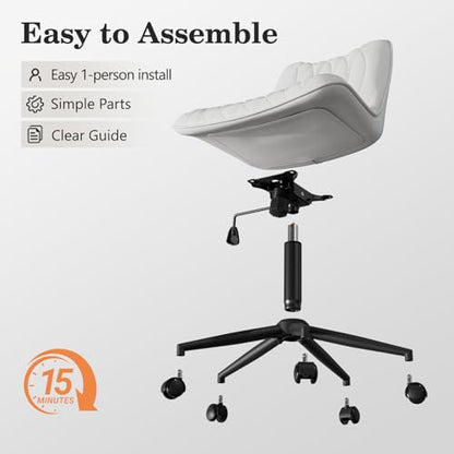 Armless Office Chair, Swivel Rolling Leather Desk Chair, White | Waterproof Upholstery, Padded Seat, 15° Relaxing Tilt, 330 LBS Capacity, for Bedroom Vanity and Computer Work - color: White