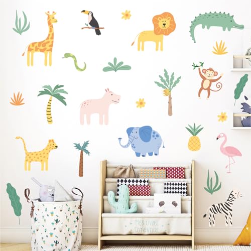 Animals Wall Decals - 4 Sheeets 26 Pcs Cute Jungle Theme Wall Decor Peel and Stick Elephant Giraffe Lion Safari Wall Stickers for Kids Nursery Playroom Bedroom Living Room Décor - color: Jungle Animals