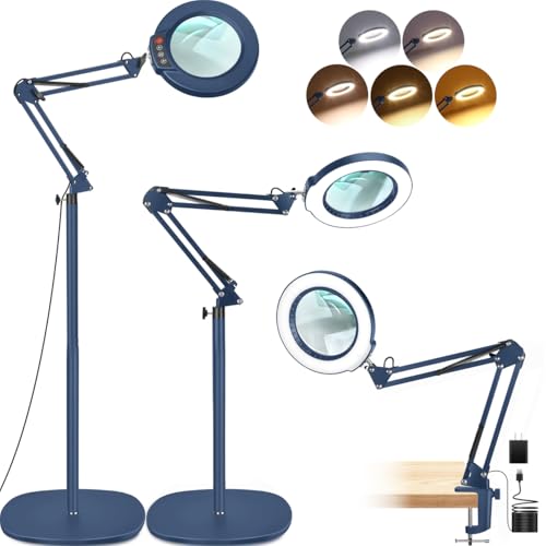 LANCOSC 15X Magnifying Glass with Light and Stand, 3-in-1 Adjustable Swing Floor Lamp, 5 Color Modes Stepless Dimmable, LED Lighted Hands Free Magnifier & Clamp for Reading, Crafts, Painting - Blue - color: Blue