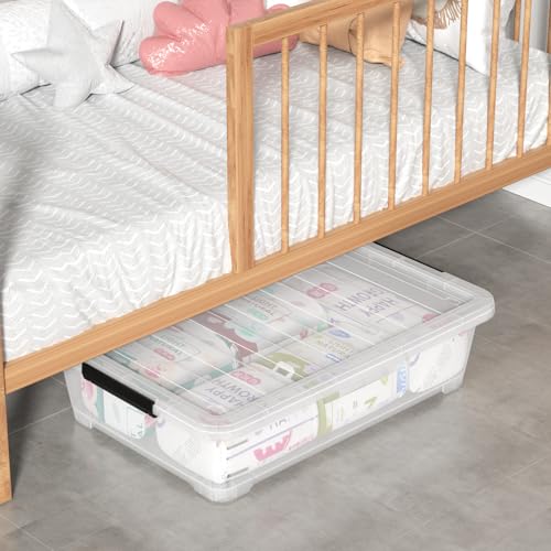 40 Quart Plastic Clear Underbed Storage Bin with Wheels, 3 Packs | Stackable Large Flat Under Bed Organization Boxes with Lids - size: 40 Quart