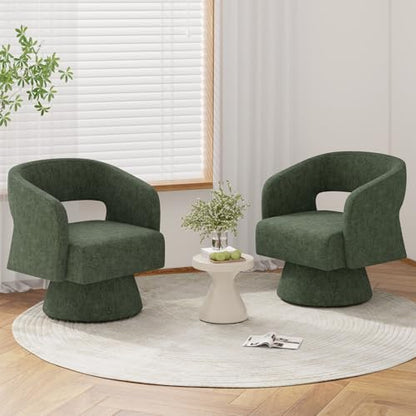 Luxanimarion Swivel Barrel Accent Chair,Oversized Chenille Upholstered Round Swivel Chair,Modern Luxury 360 Degree Living Room Vanity Chair for Bedroom Office,Green,2PCS - color: Green-chenille, size: Set of 2