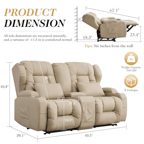 Loveseat Recliner Sofa,RV Wall Hugger Recliners with Console,Reclining Loveseat Sofa Recliner with Cup Holders/Lumbar Pillows for Small Spaces,RV Furniture (Beige,66" 2-Seater) - color: Beige, size: 66" 2-Seater