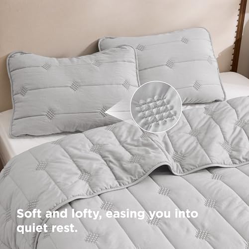 Bedsure Lightweight Comforter Queen Size – Extra Soft & Breathable Quilt Set, 3 Piece Prewashed Cotton-Like Polyester Bedding, Includes 1 Quilt 90x96 Inches with 2 Shams, Machine Washable, Light Grey - color: 02 - Light Grey, size: Queen / Full (90" x 96"