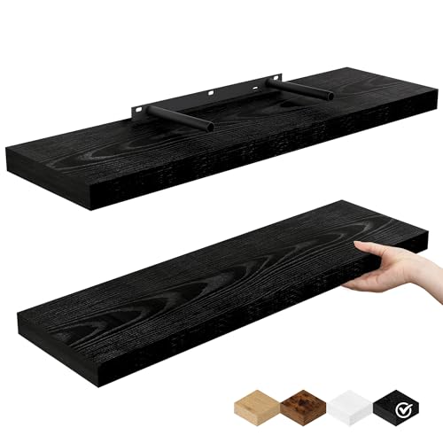 Fun Memories Floating Shelves for Wall, 24" Rustic Wood Deep Wall Mounted Shelves with Invisible Brackets for Decor & Storage, Floating Shelf for Living Room, Bathroom (Black, Set of 2) - color: Black, size: 24"W x 6.5"D, 2Packs