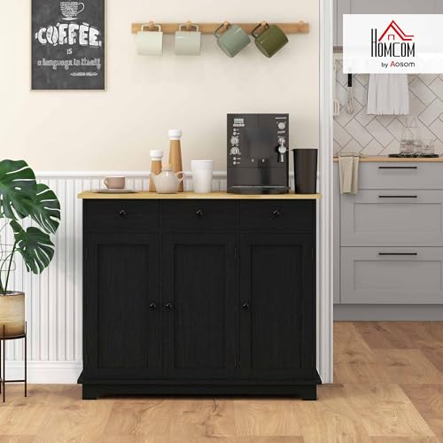 HOMCOM Sideboard Buffet Cabinet Solid Wood Countertop Modern Black | Modern Kitchen Storage, Coffee Bar Cabinet, 3 Drawers, Doors, Adjustable Shelf - color: Distressed Black, size: 39.75" x 15.75" x 33.5"