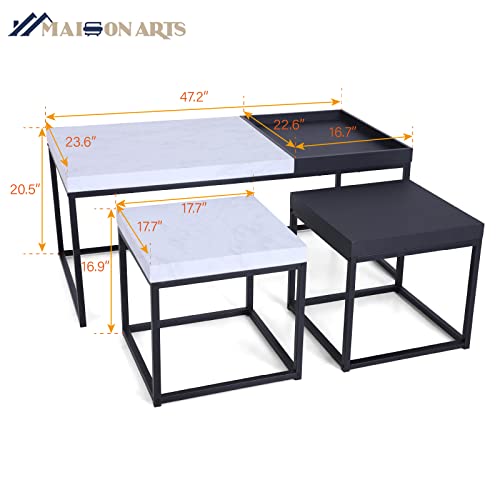 MAISON ARTS Nesting Coffee Table Set of 3, Marble White and Black | Rectangle Center Table, Morden Living Room Coffee Table and End Table Sets for Home Indoor Use - color: Marble White&black