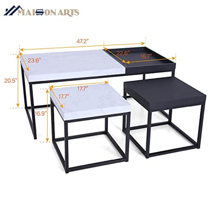 MAISON ARTS Nesting Coffee Table Set of 3, Marble White and Black | Rectangle Center Table, Morden Living Room Coffee Table and End Table Sets for Home Indoor Use - color: Marble White&black