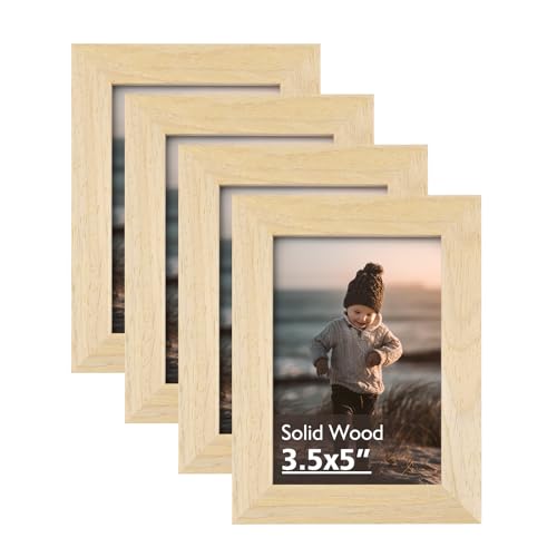 3.5x5 Picture Frame Natural, Solid Wood Frames with Plexiglass for Table Top and Wall Mounting, Photo Frames for Horizontal or Vertical Display, 4 Pack - color: Natural, size: 3.5x5