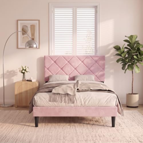 Twin Size Bed Frame with Adjustable Diamond Headboard,Velvet Fabric Upholstered Platform Bed,No Box Spring Needed, Easy Assembly, Noise Free, 600 lbs Capacity, Under Bed Storage for Small Space,Pink - color: Pink