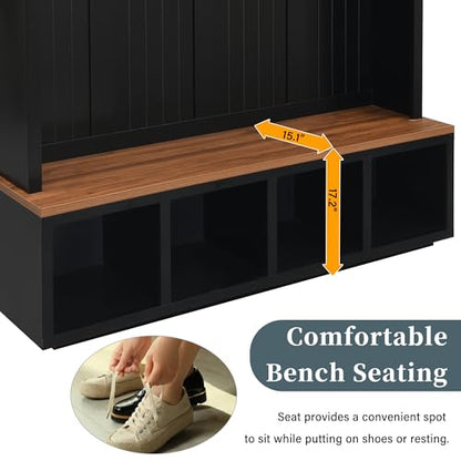 76.7''H Farmhouse Hall Tree with Storage Cabinet & Bench, Black - color: Black, size: 59”W x 15.7”D x 76.7”H