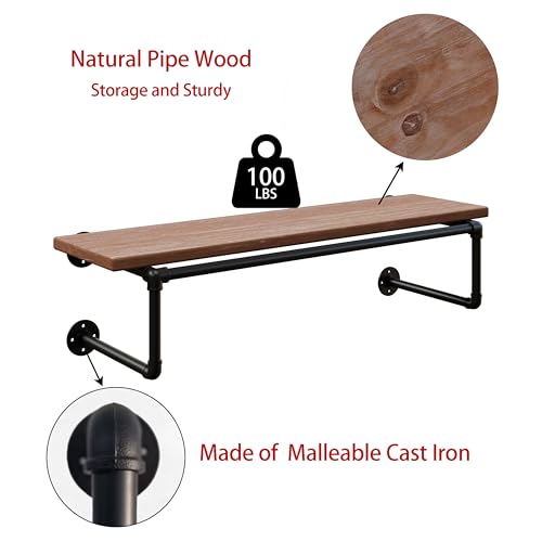 Clothes Rack 36in, Wall Mounted Garment Racks with Brown Real Wood Shelf, Heavy Duty Hanging Clothes Rack, Multi-Purpose Hanging Rod, Space-Saving Closet Storage - color: Brown, size: 1T36IN
