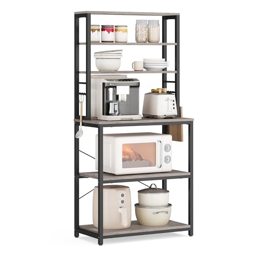VASAGLE Coffee Bar, 23.6 Inches 6-Tier Baker's Rack with 6 Hooks | Modern Basic Microwave Stand, 23.6 x 15.8 x 65.8 Inches, Heather Greige and Ink Black, BARNET Collection UKKS024B02 - color: Heather Greige + Ink Black, size: 23.6"W, style: No Power Outle