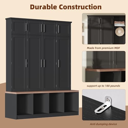 JIVOIT 75" H Farmhouse Hall Tree with Storage, Versatile 4-in-1 Coat Hanger with 4 Hidden Hanging Hooks, 8 Doors, Entryway Shoe Cabinet with Open Compartments for Living Room (Black//23) - color: Black//23